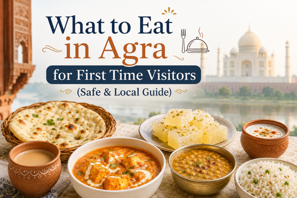 Traditional food in Agra featuring naan, paneer curry, dal, sweets, tea, and local dishes with the Taj Mahal in the background