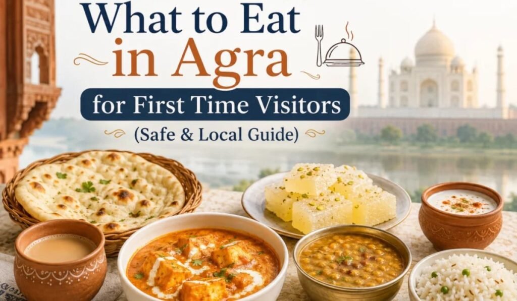 Traditional food in Agra featuring naan, paneer curry, dal, sweets, tea, and local dishes with the Taj Mahal in the background
