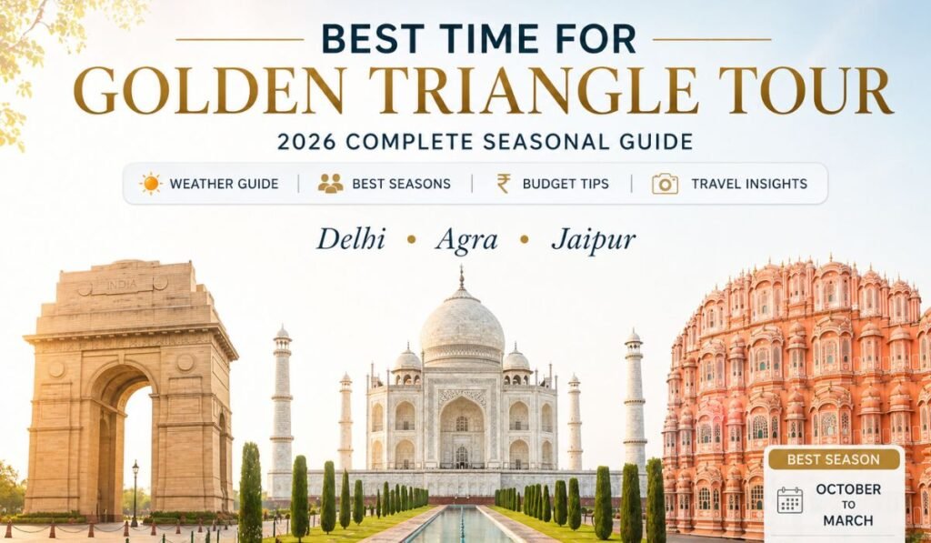 Best time to visit Golden Triangle India showing Delhi Agra Jaipur with seasonal travel guide