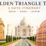 Golden Triangle Tour 3 days itinerary showing India Gate Taj Mahal and Hawa Mahal in Delhi Agra Jaipur route