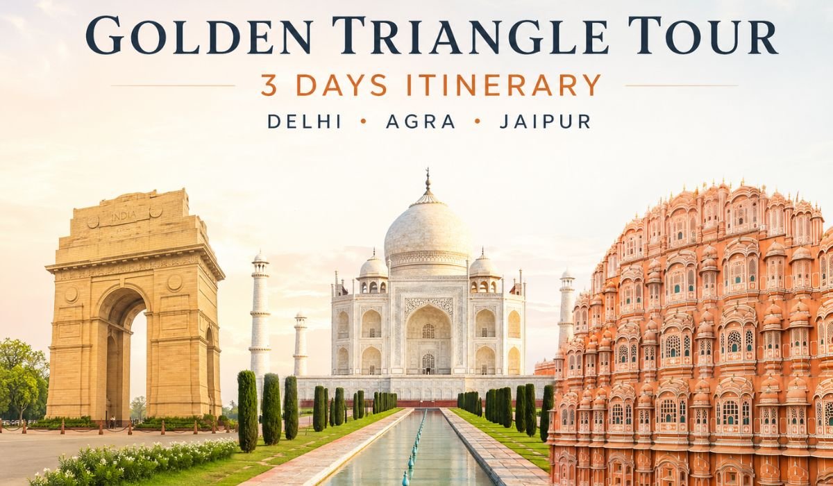 Golden Triangle Tour 3 days itinerary showing India Gate Taj Mahal and Hawa Mahal in Delhi Agra Jaipur route