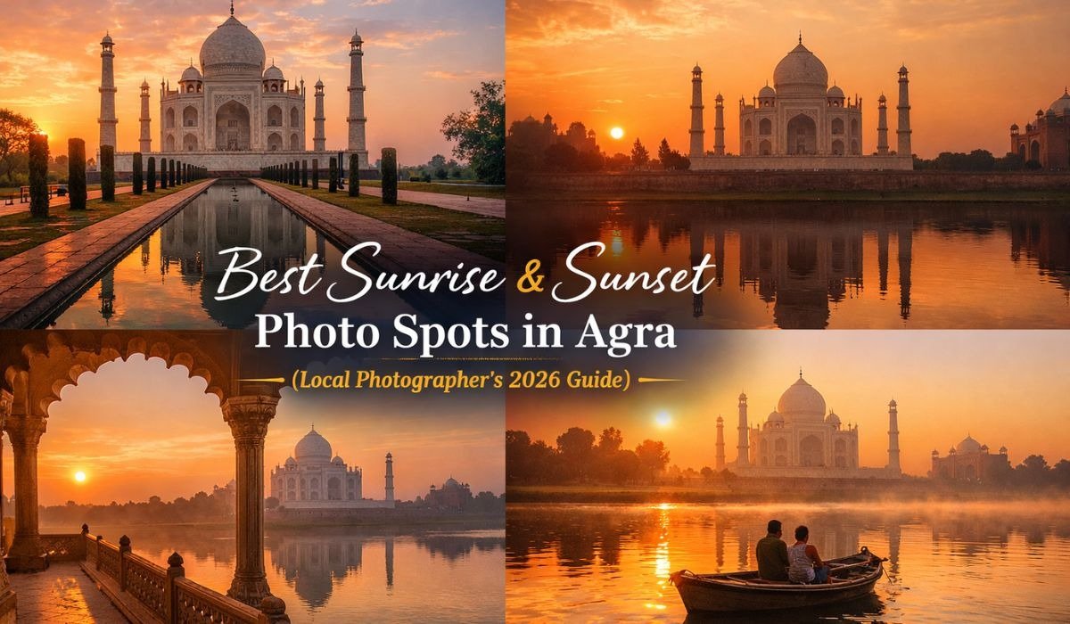 Taj Mahal reflection in Yamuna River during sunrise