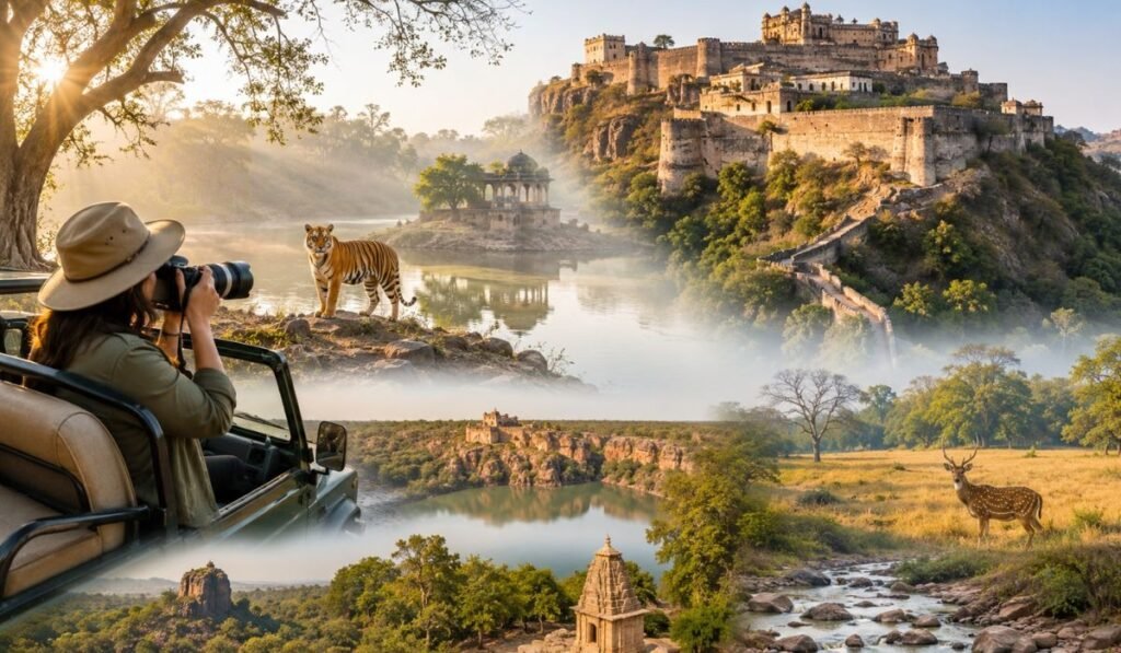 Ranthambore National Park Safari Experience – Tigers, Forts, Lakes and Wildlife Ranthambore National Park collage showcasing tiger safari, Ranthambore Fort, lakes, and wildlife in Rajasthan.