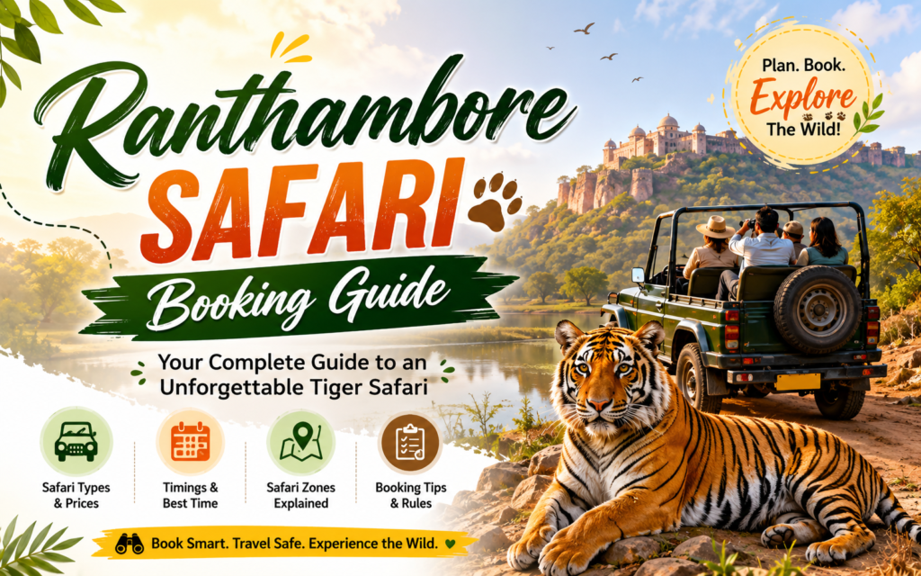 Ranthambore Safari Booking Guide featuring a Bengal tiger, safari jeep, and Ranthambore Fort with tips for booking a tiger safari.
