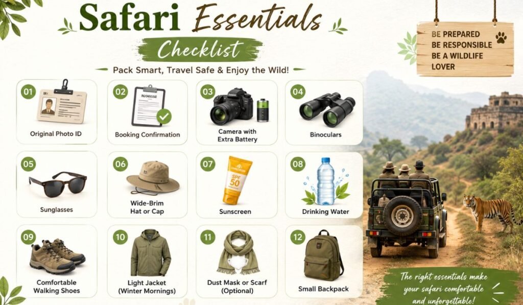Ranthambore Tiger Safari Essentials Checklist – What to Pack for Your Safari Ranthambore Tiger Safari essentials checklist with travel gear and packing tips.