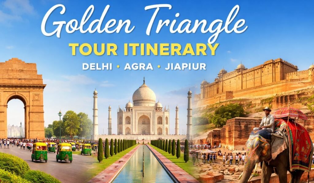 Golden Triangle Tour itinerary featuring India Gate, Taj Mahal, and Jaipur Amber Fort with tourists and elephant