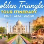 Golden Triangle Tour itinerary featuring India Gate, Taj Mahal, and Jaipur Amber Fort with tourists and elephant