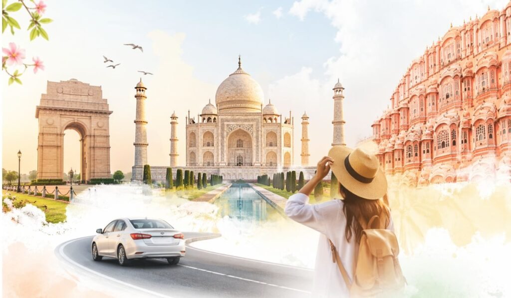 Traveler viewing Taj Mahal, India Gate and Hawa Mahal while planning a Golden Triangle tour in India