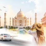 Traveler viewing Taj Mahal, India Gate and Hawa Mahal while planning a Golden Triangle tour in India