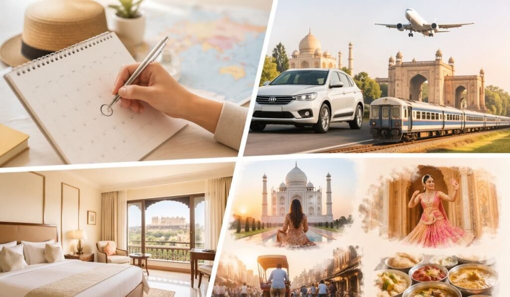 Step-by-Step Planning Guide for Golden Triangle Tour in India Travel planning collage showing itinerary calendar, transport options, hotel stay and Taj Mahal visit in Golden Triangle tour