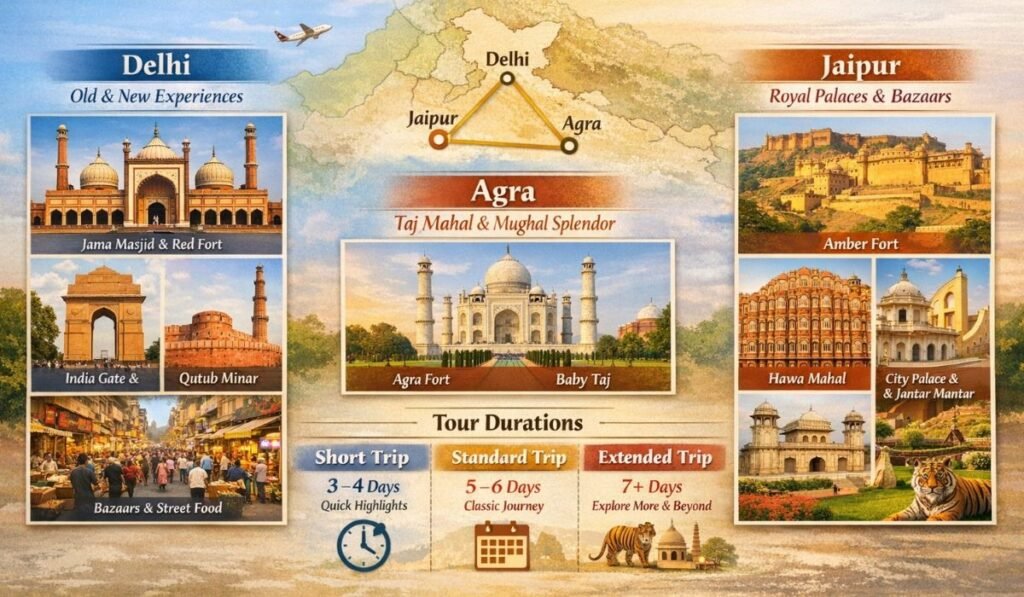 Golden Triangle Tour itinerary map showing Delhi, Agra, Jaipur with Taj Mahal, Amber Fort, India Gate and travel durations