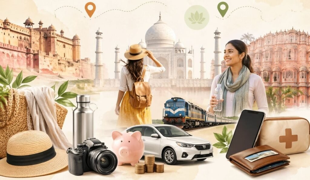Budget Planning Tips for Golden Triangle Tour in India Budget planning for Golden Triangle tour showing travel essentials, savings, transport and Taj Mahal visit