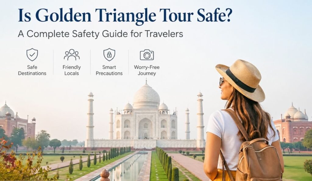 Is Golden Triangle Safe for Solo Female Travelers – Safety Guide India Solo female traveler visiting Taj Mahal during Golden Triangle tour with focus on safety and comfort
