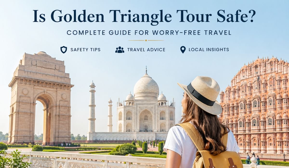Traveler exploring Golden Triangle India with Taj Mahal India Gate and Jaipur while considering travel safety