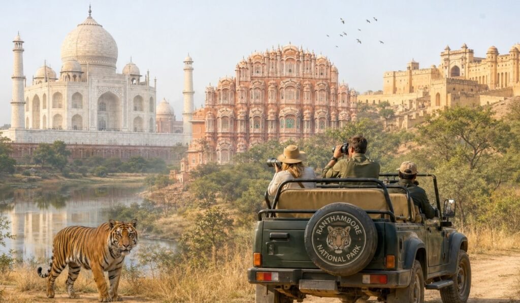 What to Expect During a Ranthambore Safari – Wildlife Experience Guide Travelers on a Ranthambore safari with tiger sighting alongside Golden Triangle destinations including Delhi Agra and Jaipur in India