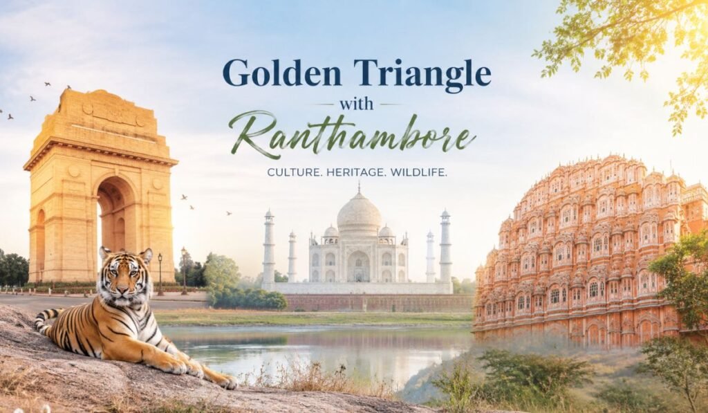 Golden Triangle with Ranthambore travel guide featuring Delhi Agra Jaipur landmarks and Ranthambore tiger safari experience in India