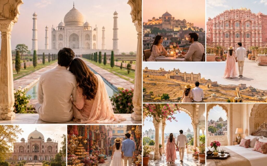 Couple enjoying a romantic Golden Triangle Tour in India with views of the Taj Mahal, Jaipur palaces, luxury hotels, heritage sites, and local markets