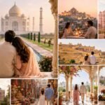 Couple enjoying a romantic Golden Triangle Tour in India with views of the Taj Mahal, Jaipur palaces, luxury hotels, heritage sites, and local markets