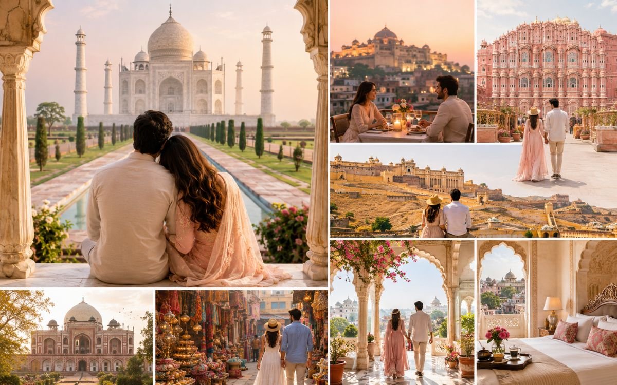 Couple enjoying a romantic Golden Triangle Tour in India with views of the Taj Mahal, Jaipur palaces, luxury hotels, heritage sites, and local markets