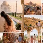 Couple enjoying a romantic Golden Triangle Tour in India with views of the Taj Mahal, Jaipur palaces, luxury hotels, heritage sites, and local markets