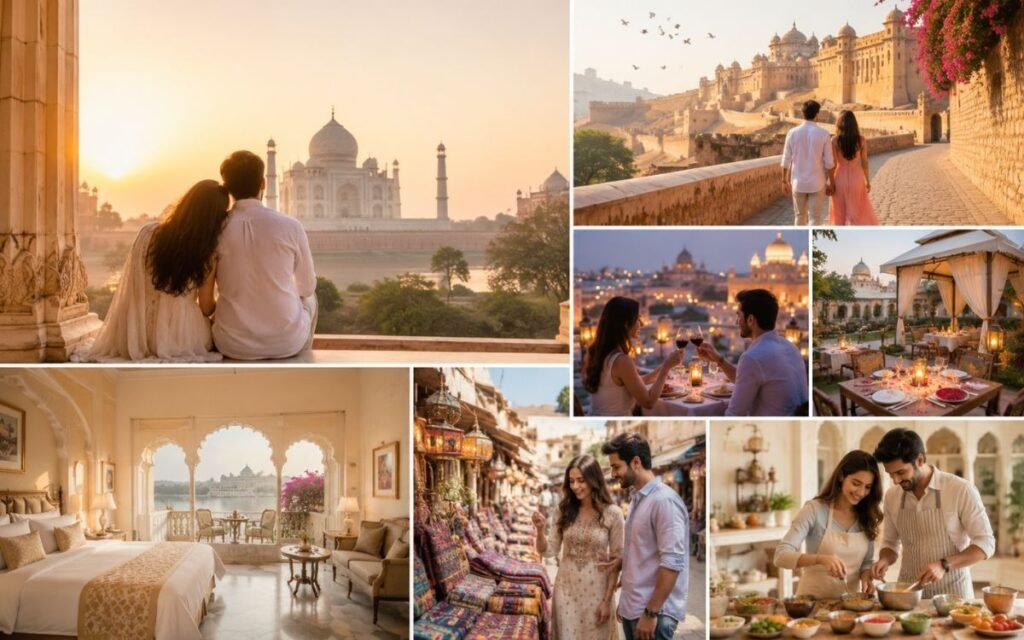 Romantic Experiences for Couples on a Golden Triangle Tour in India Couple enjoying romantic experiences during a Golden Triangle Tour with the Taj Mahal, Jaipur palaces, luxury hotels, cultural performances, shopping, and candlelight dinners