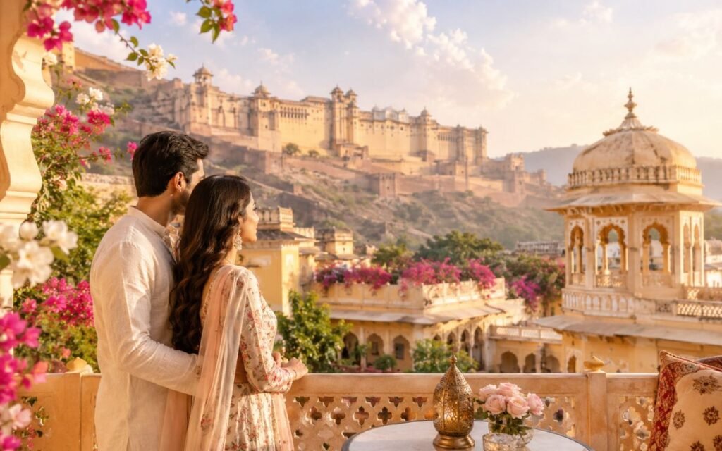 The Royal Side of Romance: Couples Experience Jaipur's Majestic Heritage Romantic couple enjoying a heritage palace view in Jaipur with Amber Fort, traditional Rajasthani architecture, and blooming flowers