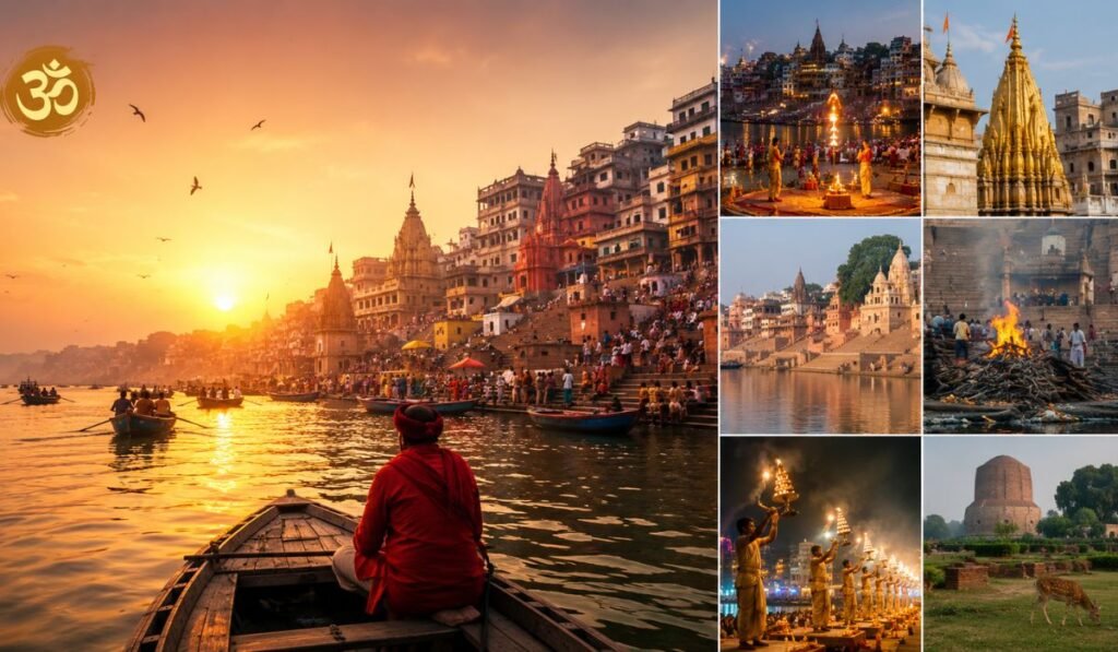 Varanasi: The Spiritual Capital of India Travel Guide Sunrise boat ride on the Ganges River in Varanasi with ghats, temples, Ganga Aarti, and spiritual ceremonies