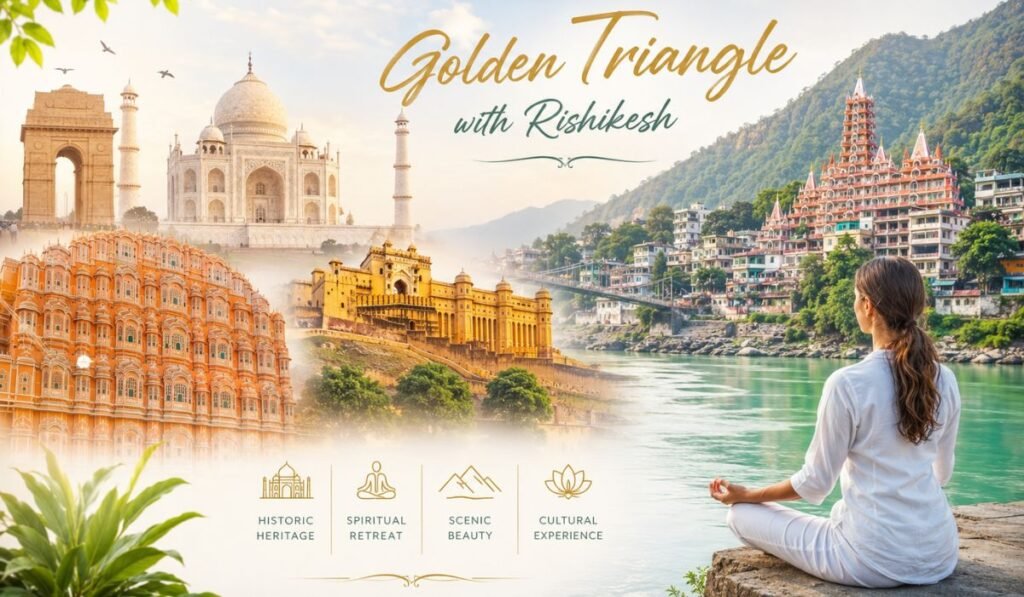 Golden Triangle with Rishikesh featuring India Gate, Taj Mahal, Hawa Mahal, Amber Fort, the Ganges River, and a traveler meditating in Rishikesh.