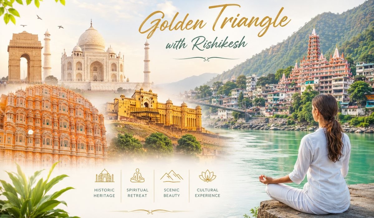 Golden Triangle with Rishikesh featuring India Gate, Taj Mahal, Hawa Mahal, Amber Fort, the Ganges River, and a traveler meditating in Rishikesh.