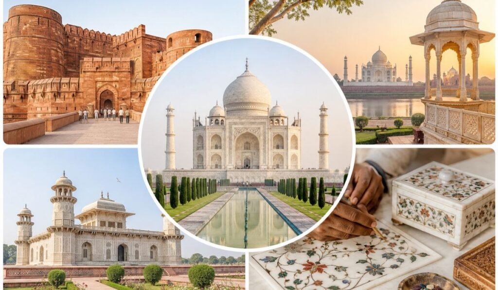 Major Attractions Covered in Agra | Complete Agra Sightseeing Guide Major attractions covered in Agra including the Taj Mahal, Agra Fort, Mehtab Bagh, Itimad-ud-Daulah (Baby Taj), and marble inlay workshops.
