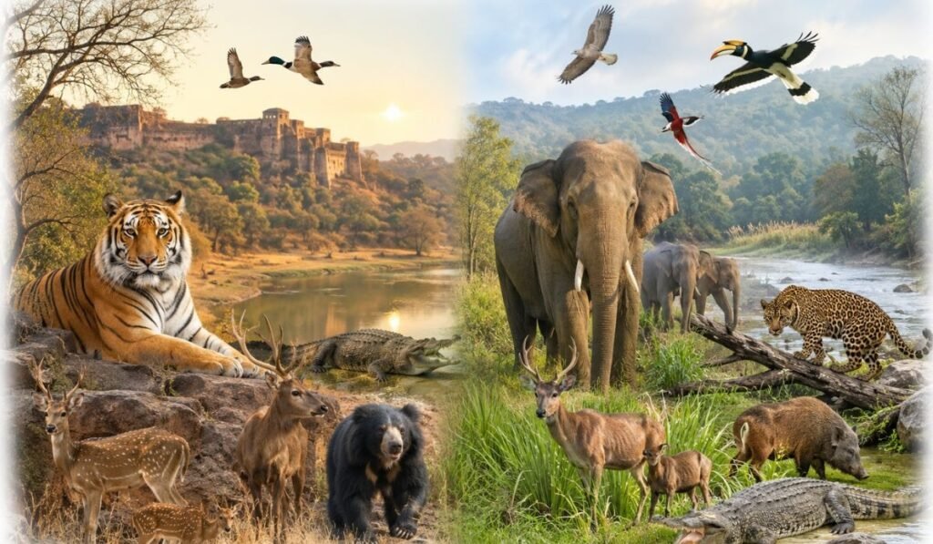 Wildlife diversity comparison between Ranthambore National Park and Jim Corbett National Park featuring tiger, elephant, leopard, sloth bear, crocodile, deer, birds, and other wildlife.