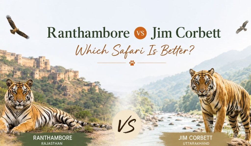 Comparison image of Ranthambore National Park and Jim Corbett National Park featuring Bengal tigers, scenic landscapes, and the title "Ranthambore vs Jim Corbett – Which Safari Is Better?"
