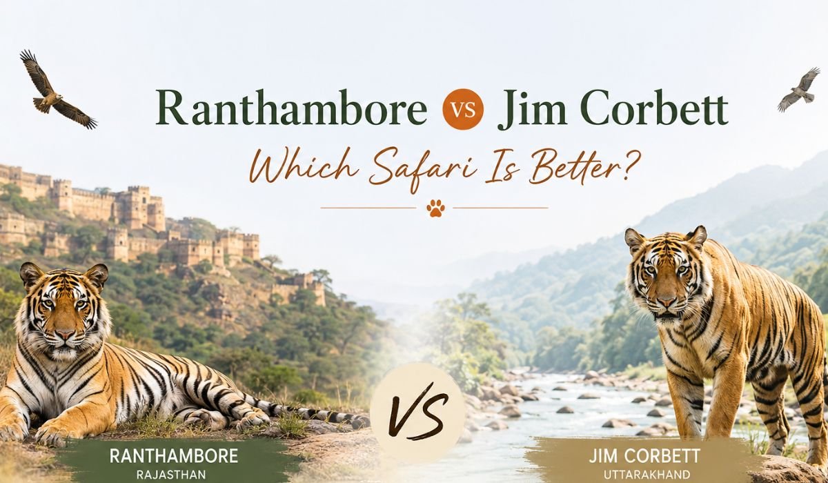 Comparison image of Ranthambore National Park and Jim Corbett National Park featuring Bengal tigers, scenic landscapes, and the title "Ranthambore vs Jim Corbett – Which Safari Is Better?"