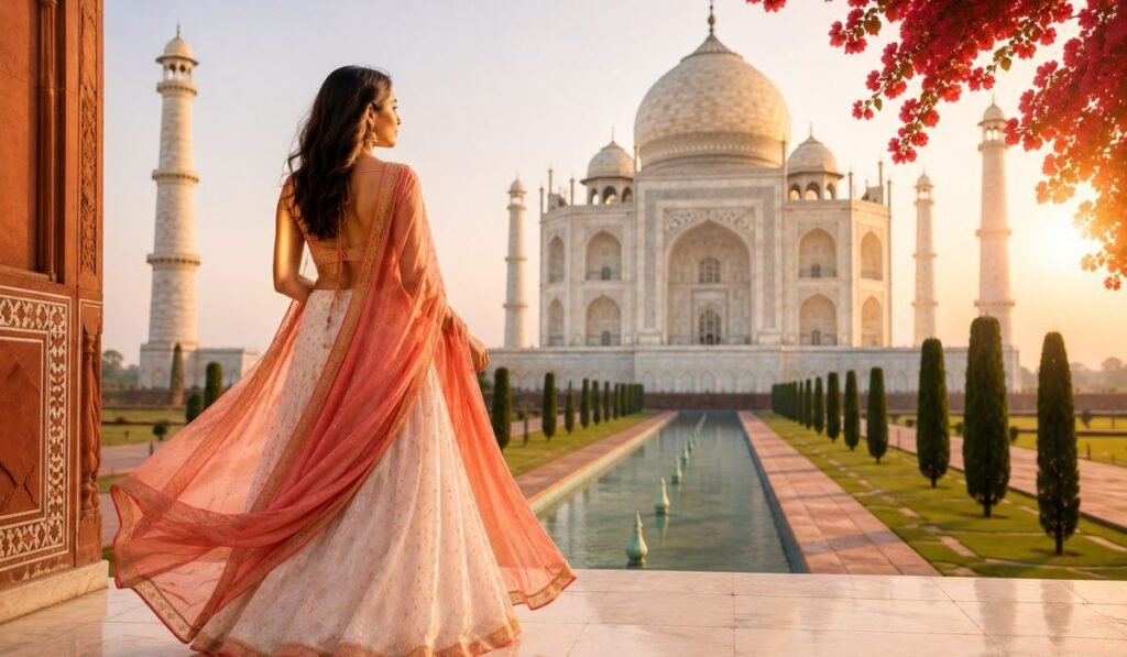 Colorful Saree at the Taj Mahal – Photo & Outfit Guide Woman wearing a pastel pink saree posing in front of the Taj Mahal at sunrise, showcasing elegant traditional Indian attire and the best outfit ideas for memorable Taj Mahal photography.
