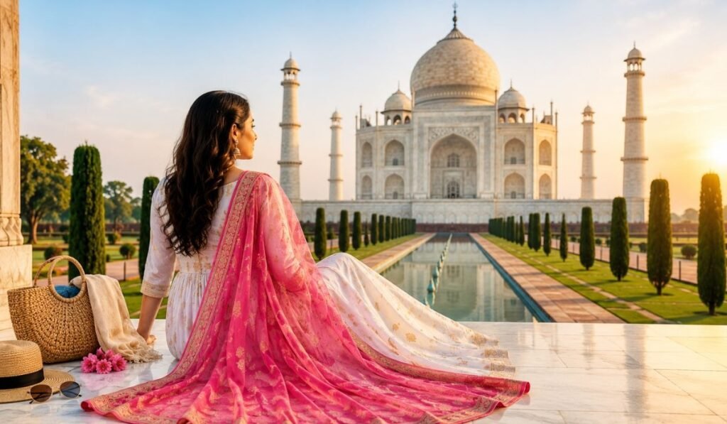 Best Outfit Ideas for Couples at the Taj Mahal Image Alt Text Couple outfit inspiration for a Taj Mahal visit featuring elegant traditional Indian clothing, colorful sarees, coordinated attire, and comfortable accessories for stunning travel photos.