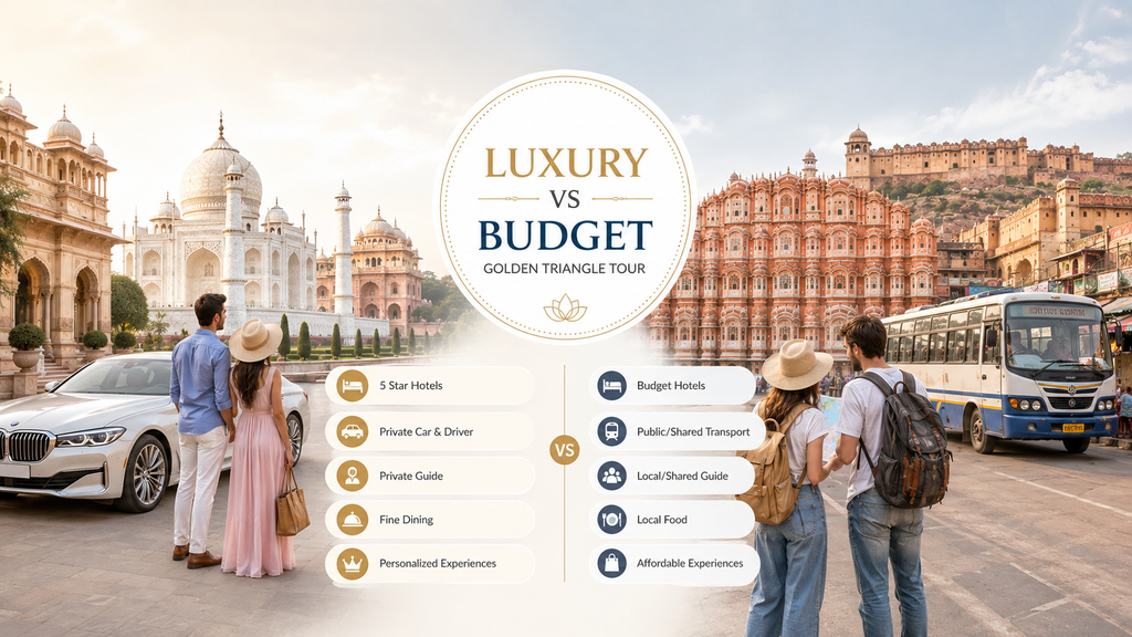 Luxury vs budget Golden Triangle Tour comparison showing hotels, private car travel, guides, dining, public transport, local food, and experiences in India.