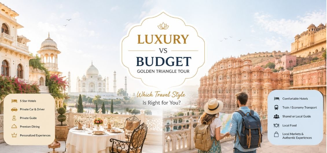 Luxury vs budget Golden Triangle Tour comparison featuring hotels, private transport, guided experiences, local food, and sightseeing in Delhi, Agra, and Jaipur.