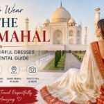 Woman wearing a traditional white and red saree at the Taj Mahal, showcasing the best dress code, outfit ideas, colorful dresses, and saree rental options for visitors.