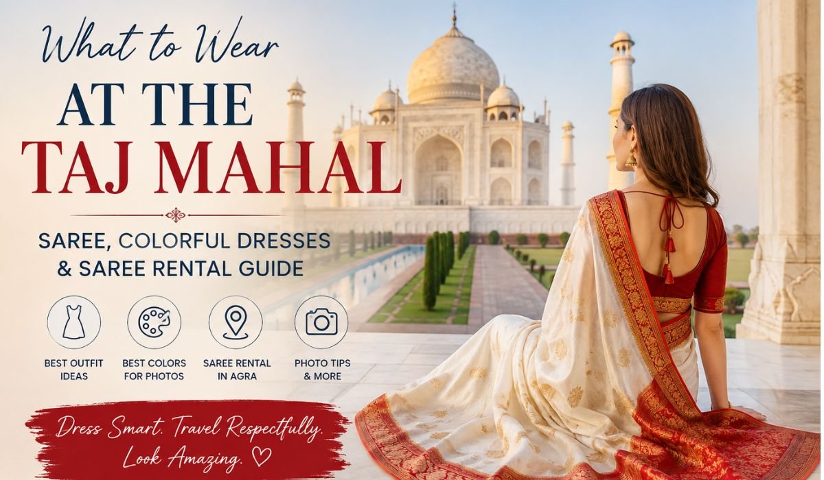 Woman wearing a traditional white and red saree at the Taj Mahal, showcasing the best dress code, outfit ideas, colorful dresses, and saree rental options for visitors.