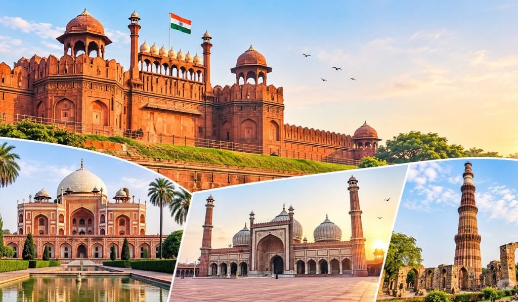 Delhi historical monuments featuring Red Fort, Humayun's Tomb, Jama Masjid and Qutub Minar.