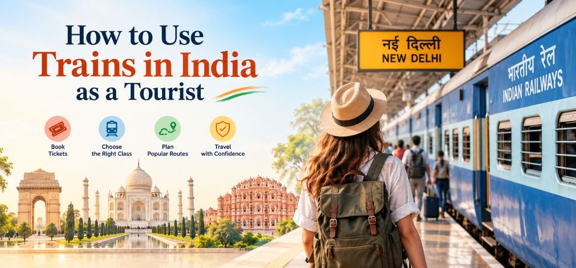 Tourists boarding an Indian passenger train at a railway station.