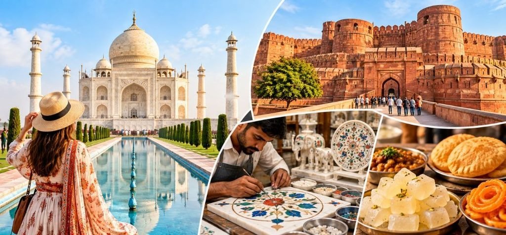 Cultural Experiences in Agra Beyond the Taj Mahal Agra cultural experiences featuring the Taj Mahal, Agra Fort, traditional marble inlay craftsmanship and local Indian food.