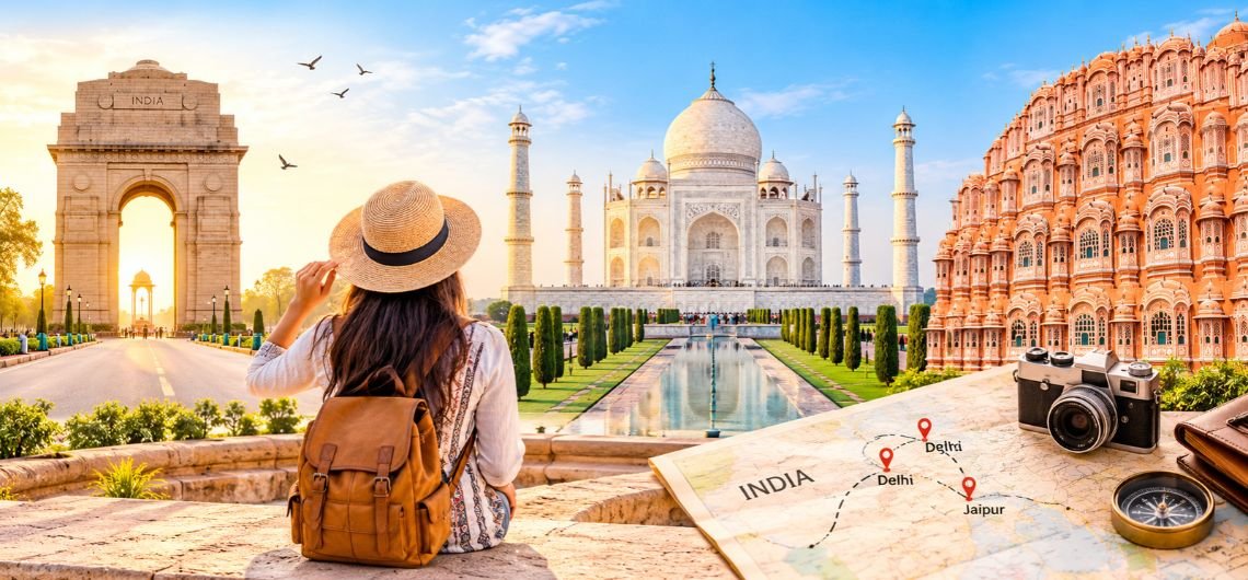 First week in India travel itinerary featuring India Gate, the Taj Mahal, and Jaipur's Hawa Mahal.
